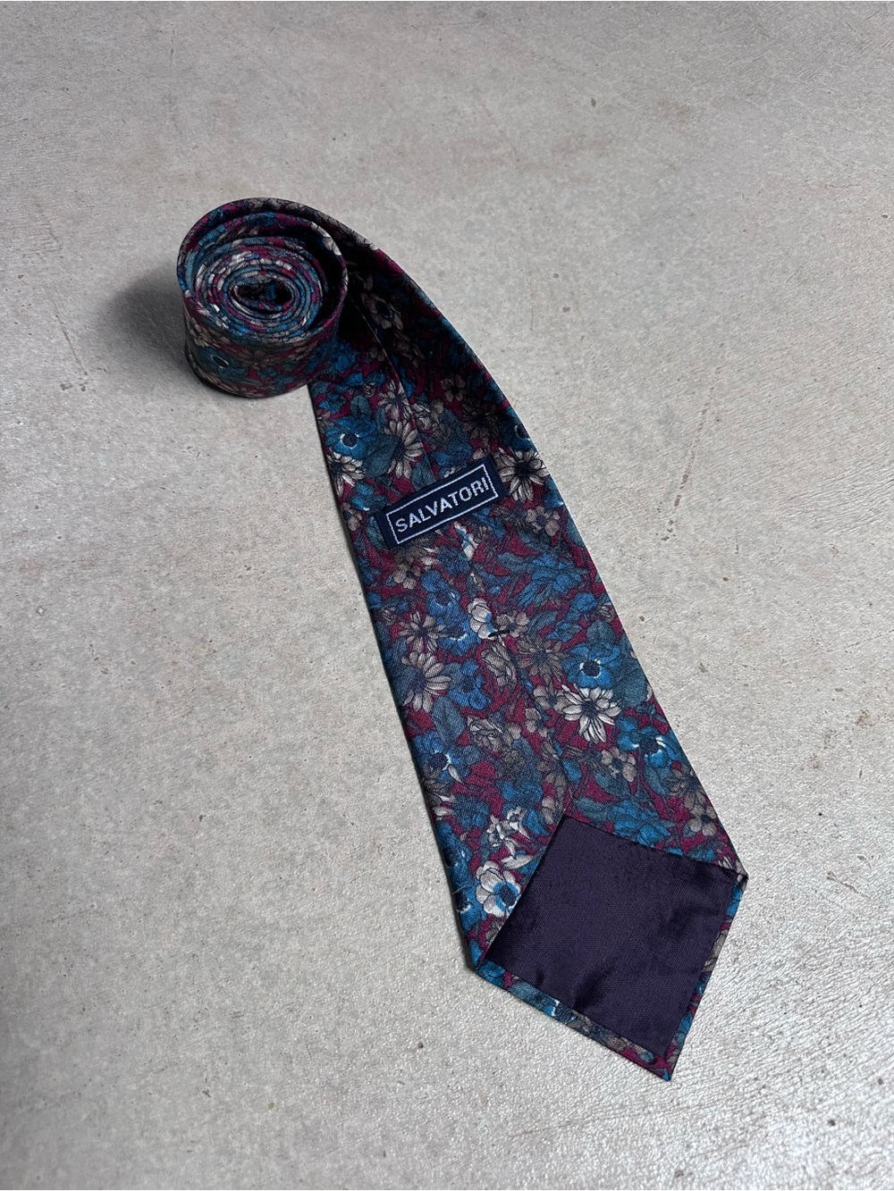 Salvatori 100% Silk Floral Necktie Blue Burgundy Tan Men’s Classic Wide Tie